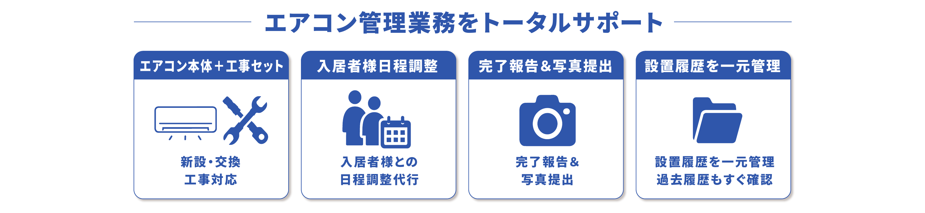 エアコン管理業務をトータルサポート　エアコン本体＋工事セット（新設・交換工事対応）／入居者様日程調整（入居者様との日程調整代行）／完了報告&写真提出／設置履歴を一元管理（過去履歴もすぐ確認）