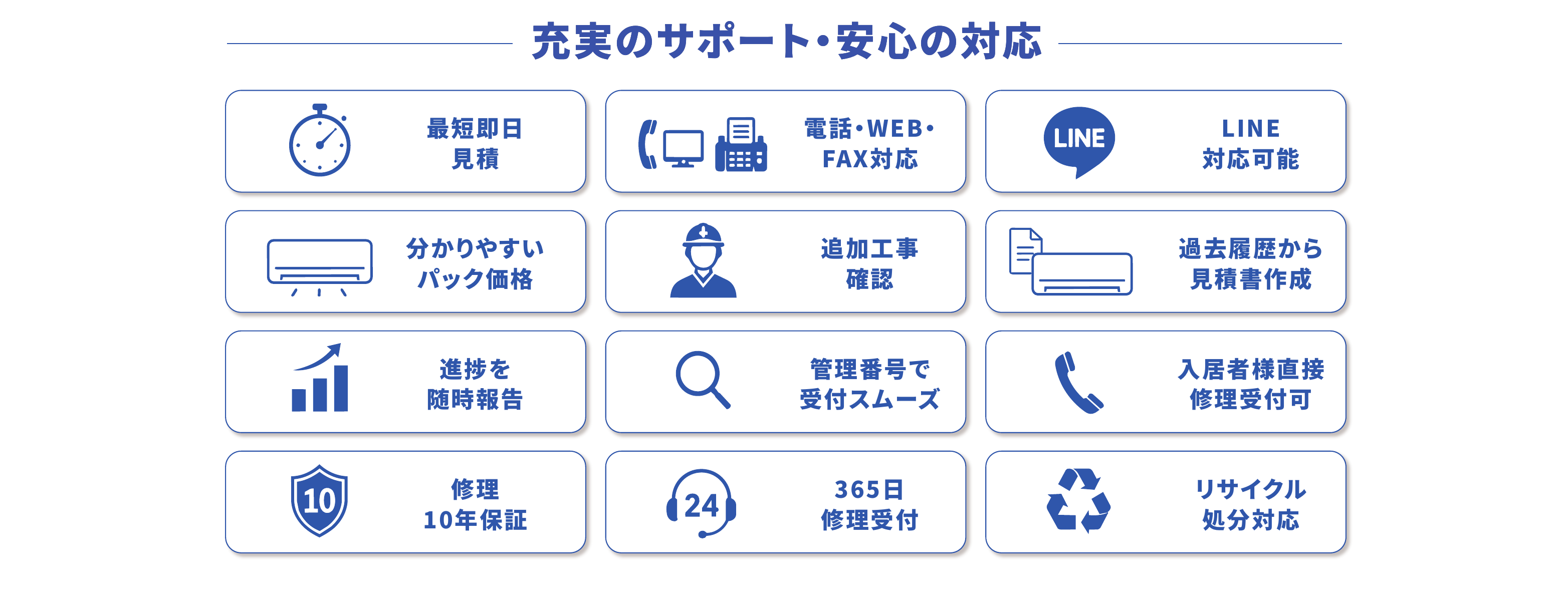 充実のサポート・安心の対応　最短即日見積／電話・WEB・FAX対応／LINE対応可能／分かりやすいパック価格／追加工事確認／過去履歴から見積書作成／進捗を随時報告／管理番号で受付スムーズ／入居者様直接修理受付可／修理10年保証／365日修理受付／リサイクル処分対応