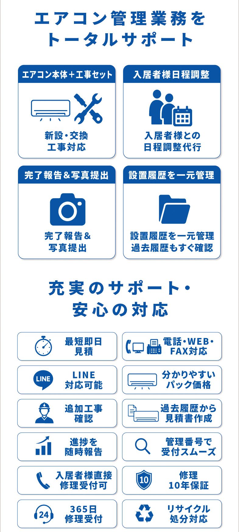エアコン管理業務をトータルサポート　エアコン本体＋工事セット（新設・交換工事対応）／入居者様日程調整（入居者様との日程調整代行）／完了報告&写真提出／設置履歴を一元管理（過去履歴もすぐ確認）　充実のサポート・安心の対応　最短即日見積／電話・WEB・FAX対応／LINE対応可能／分かりやすいパック価格／追加工事確認／過去履歴から見積書作成／進捗を随時報告／管理番号で受付スムーズ／入居者様直接修理受付可／修理10年保証／365日修理受付／リサイクル処分対応